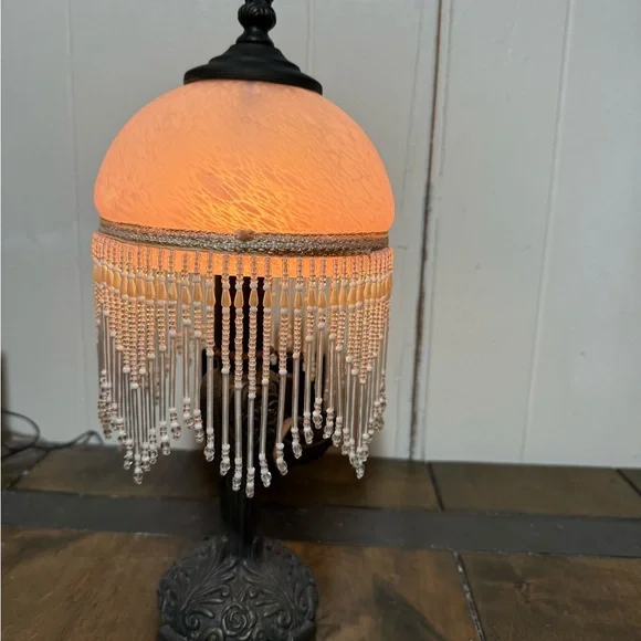 1940s Art Nouveau Boudoir Lamp With pink Glass Shade & Beaded Fringe 15-1/2” - Picture 2 of 7